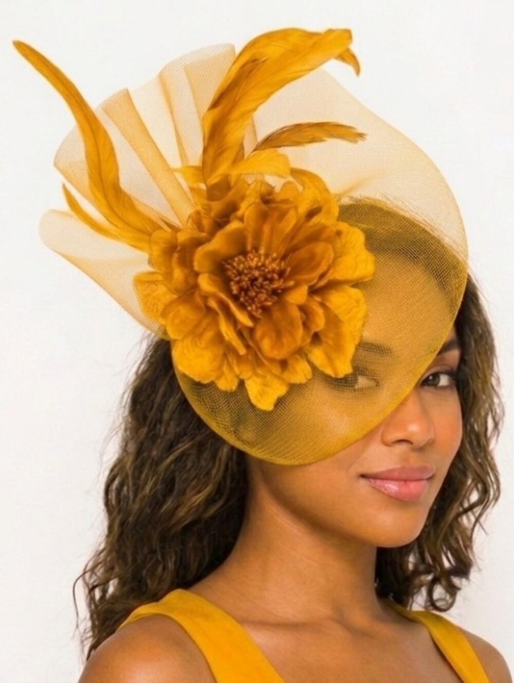 Beloved Millinery Gorgeous Mustard Feather Flower Fascinator Hat for Women